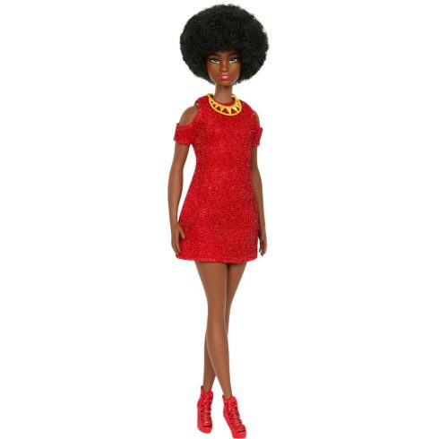 Mattel HRH18 Barbie Fashionistas - Fekete Barbie piros kötött ruhában