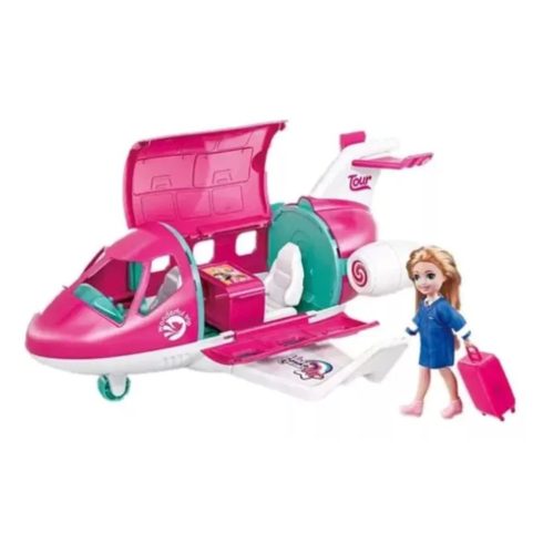 Repülőgép játékszett stewardess babával 11 darabos - Pink