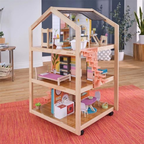 KidKraft Boho Naturals Három szintes stílusos Fa babaház kiegészítőkkel
