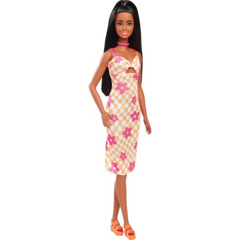 Mattel Barbie Fashionista - Fekete hajú Barbie baba kockás virágmintás midi ruhában