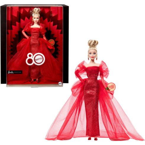 Mattel Barbie Signature 80. jubuleumi szőke baba piros ruhában